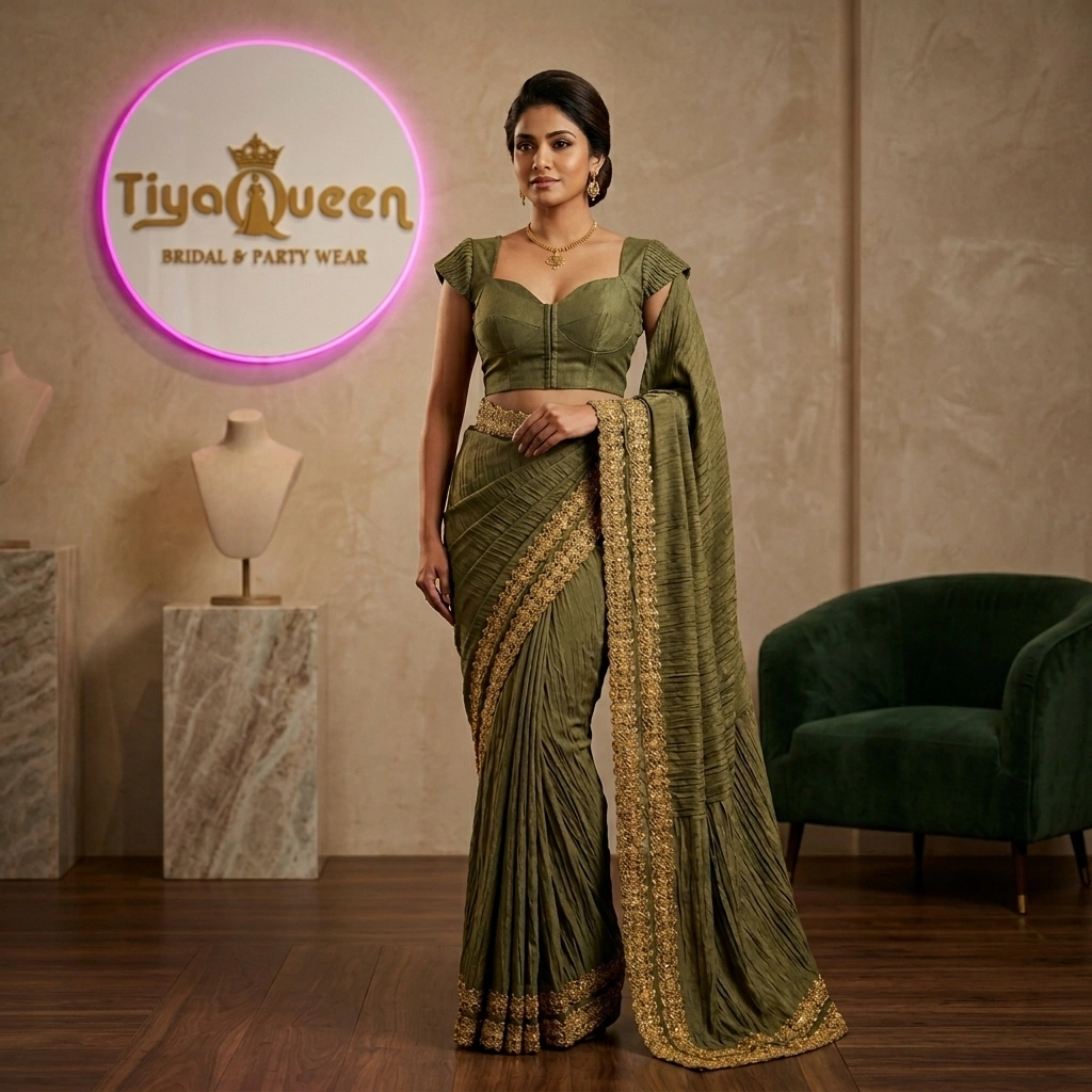 Olive Green Velvet Saree with Gold Lace Border